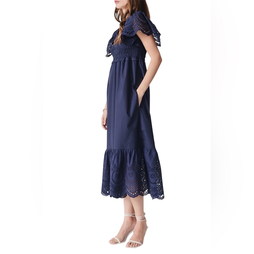 Deluc Avis Smocked Midi Dress Blue Embroidered Ruffle Pockets NWT M - Picture 2 of 14